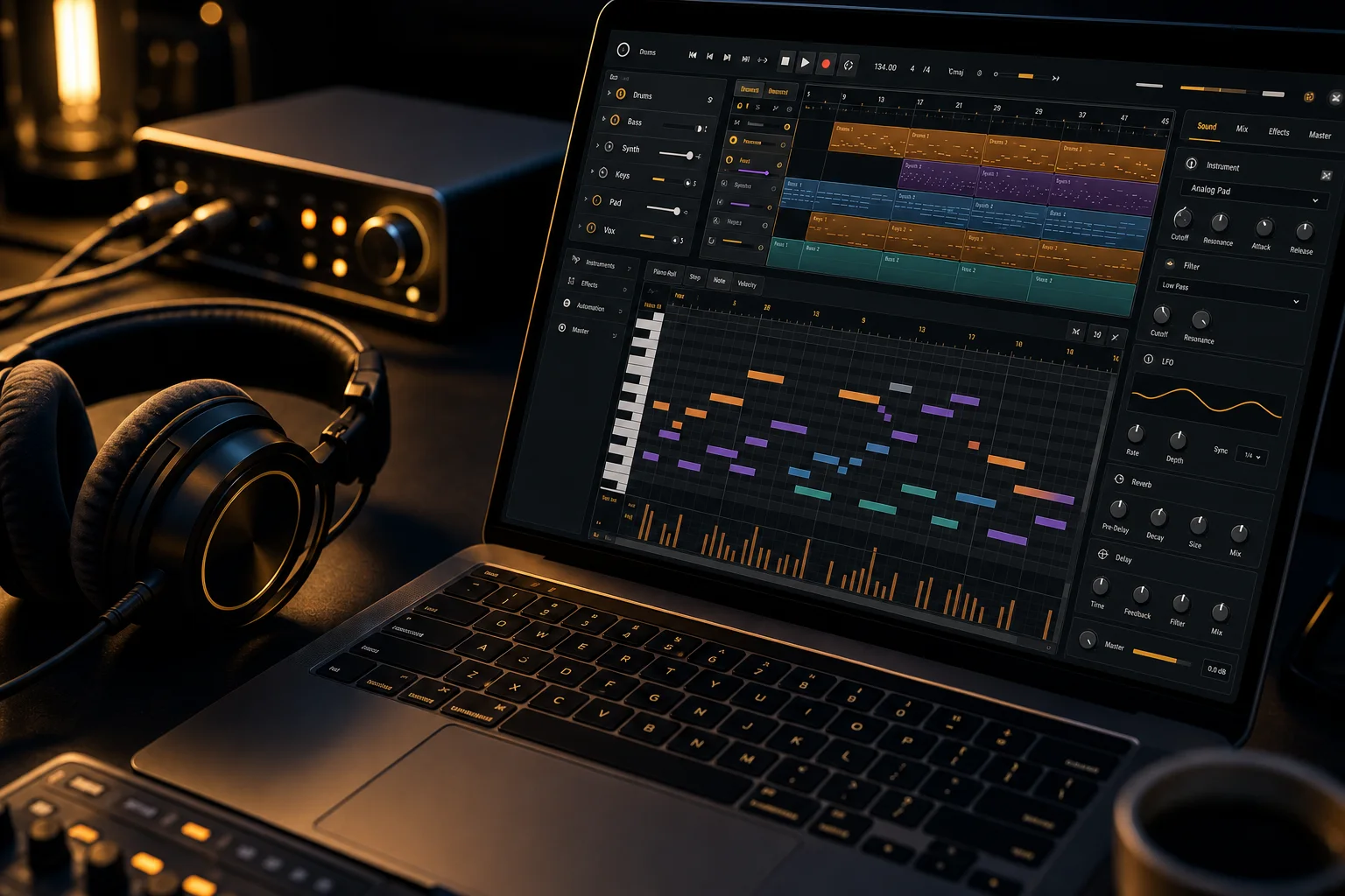 スタジオ機材と並ぶOmniComposerのMIDI編集画面